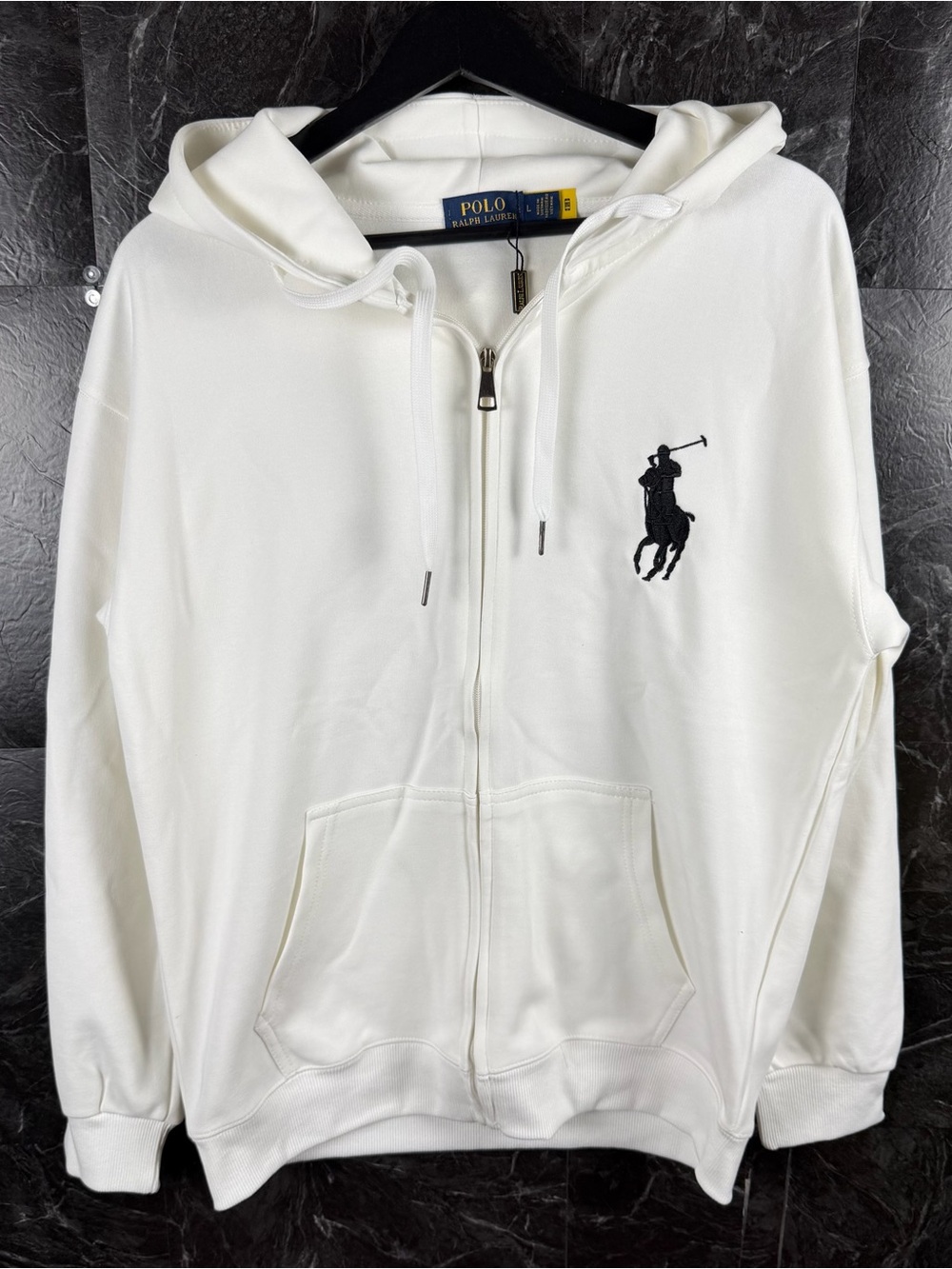 Polo Ralph Lauren White Knit Big Pony Fleece Zip Hoodie Large